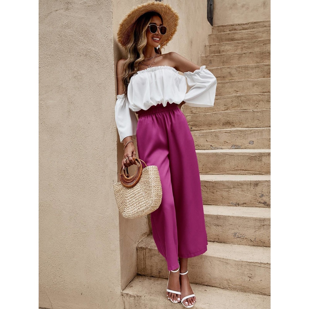 2 piece set: boho Off The Shoulder Frill Trim crop Top & wide leg pants blue - Picture 3 of 11